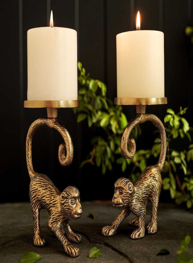 BEHOMA Metal Monkey Pillar Candle Holder Gift Hamper, Festive Gifting Showpiece for Birthday, Housewarming, Anniversary (Set of 2), Gold - Image 2